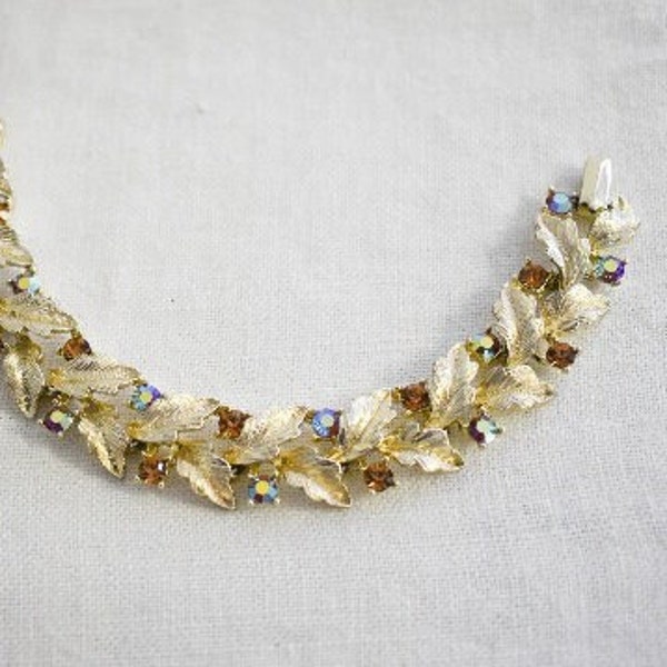 1950s Lisner Leaf and Rhinestone Bracelet