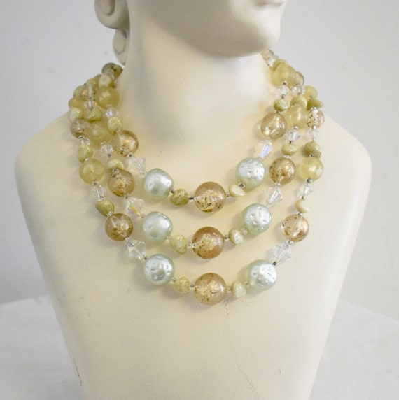 1960s Pale Green Bead Multi Strand Necklace - image 1