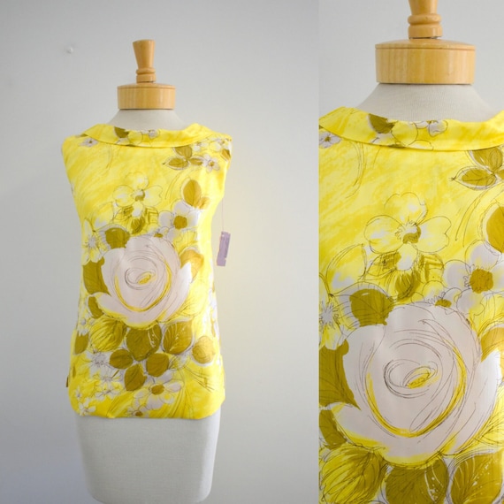 1960s NOS Malbe Original Yellow Floral Satin Blou… - image 1