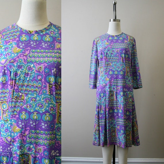 1960s Purple Printed Drop Waist Dress