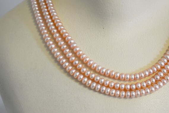 Vintage Peachy-Pink Faux Pearl Three Strand Neckl… - image 3