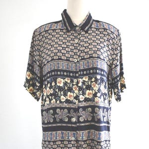 1980s Navy Printed Rayon Blouse