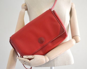 1980s Liz Claiborne Red Logo Leather and Vinyl Shoulder Bag