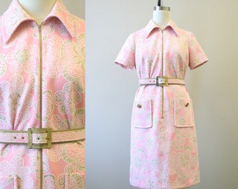 1960s Henry Lee Pink Floral Polyester Knit Dress