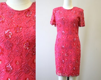 1980s Pink Lace and Sequin Cocktail Dress