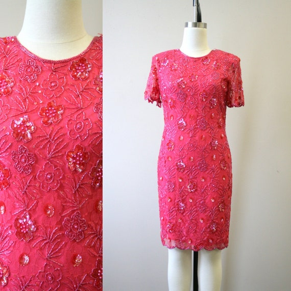 1980s Pink Lace and Sequin Cocktail Dress - image 1