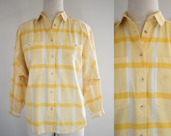 1980s Liz Claiborne Yellow Plaid Blouse