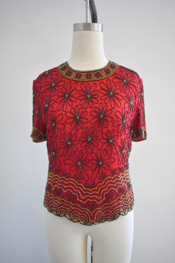 1990s Red Daisy Beaded Blouse - image 2