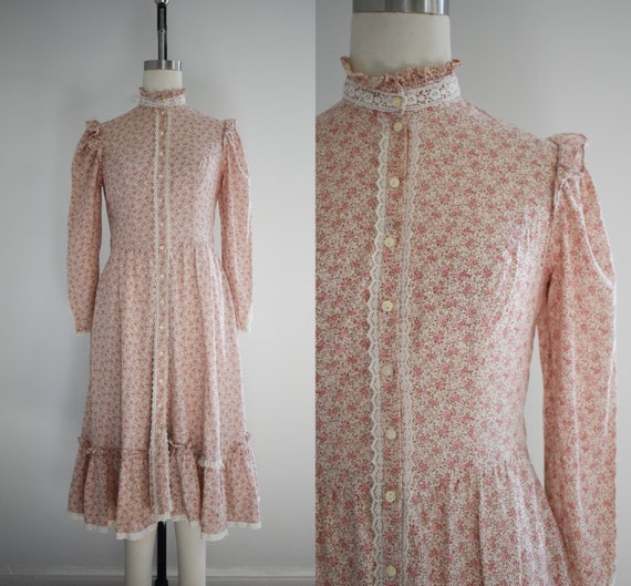 1970s Pink Floral Gunne Sax Midi Dress - Gem