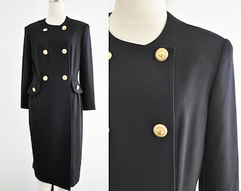 1980s Black Wool Blend Double Breasted Dress