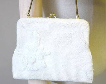 1950s White Floral Beaded Handbag