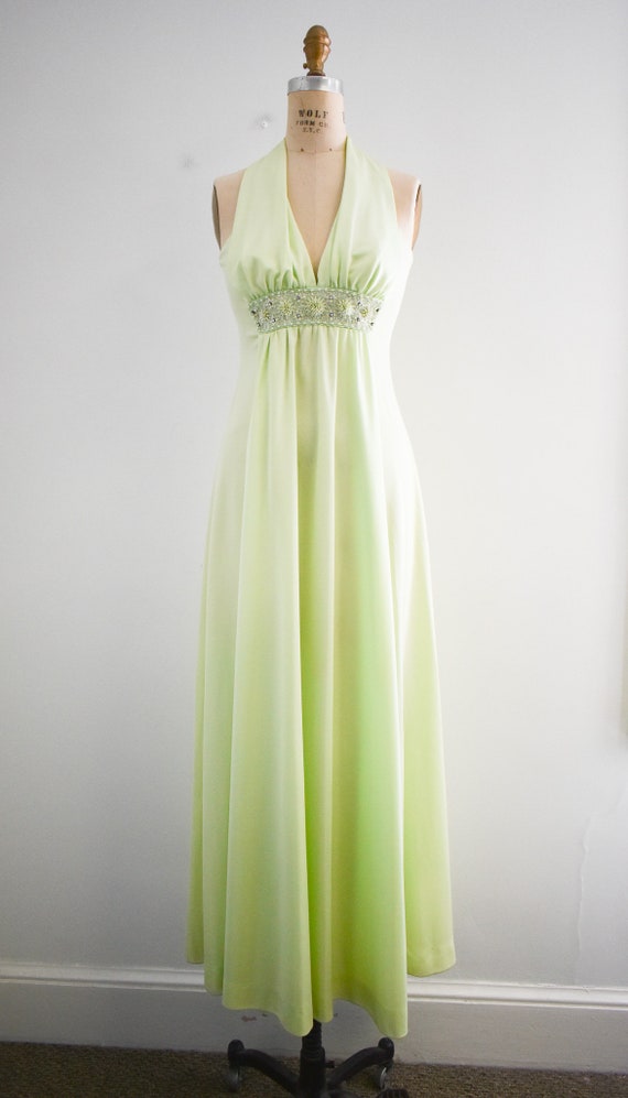 1970s Jack Bryan Pale Green Beaded Maxi Dress - image 2