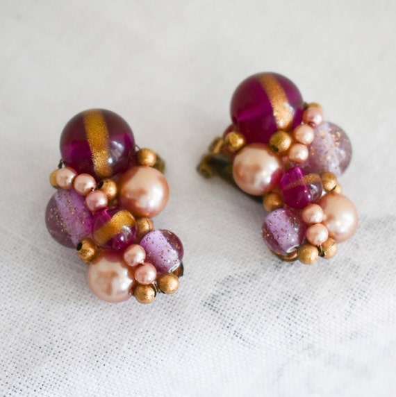 1960s Purple Bead Cluster Clip Earrings