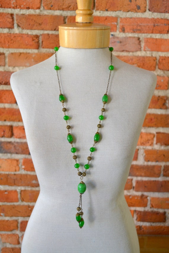 1920s Green Glass and Filigree Bead Necklace