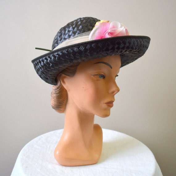 1960s Genevieve Black Straw Hat with Pink Rose