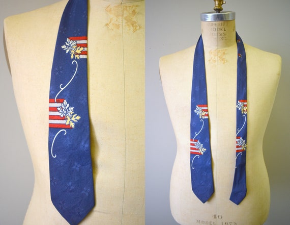 1940s Rayon Leaf Print Necktie