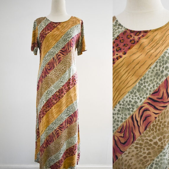 1990s Striped Animal Print Maxi Dress - image 1