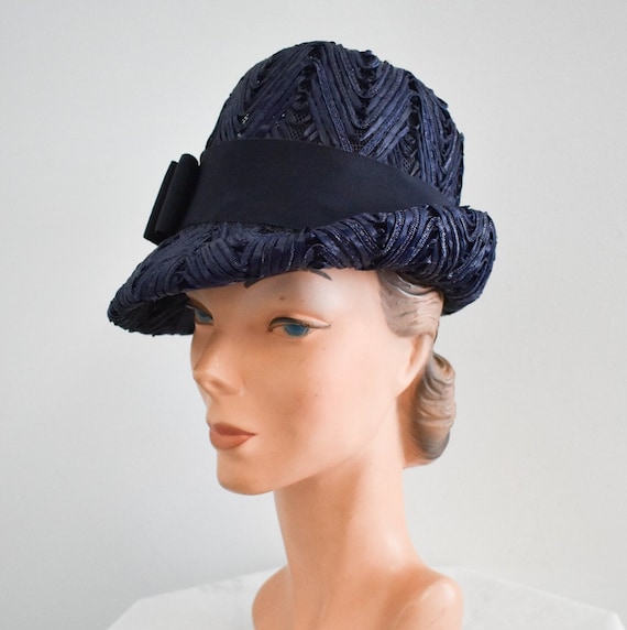 1960s Navy Blue Chevron Straw Fedora