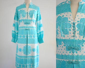1960s Aqua and White Silk Patterned Dress