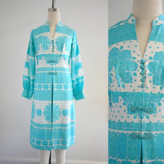 1960s Aqua and White Silk Patterned Dress - image 1