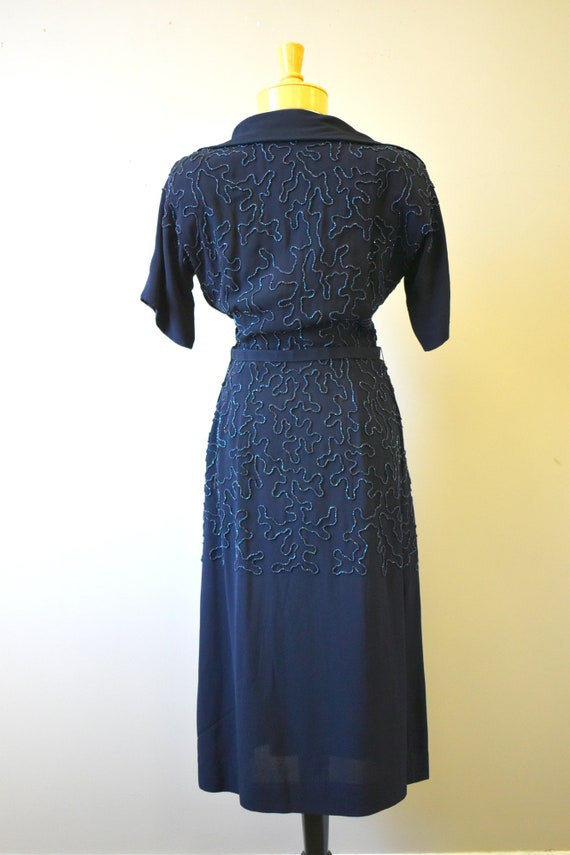 1940s Navy Blue Carnival Beaded Rayon Dress - image 6