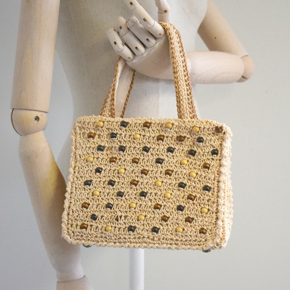 1960s Magid Cream Crochet Handbag with Wooden Bea… - image 1