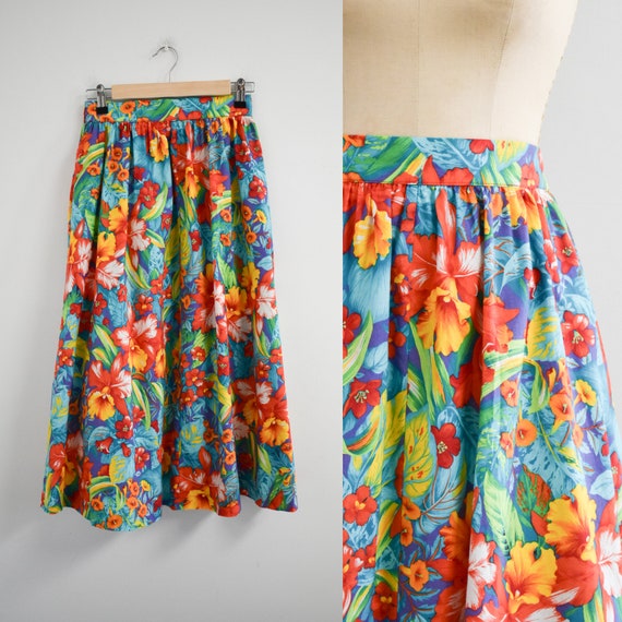 1980s Tropical Print Midi Skirt