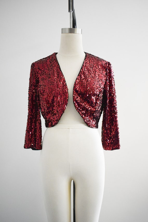 1990s Deep Red Sequin Bolero - image 2