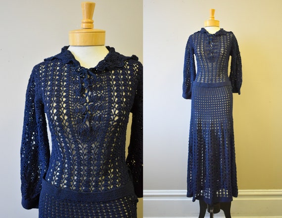 1930s Navy Blue Crochet Long Dress
