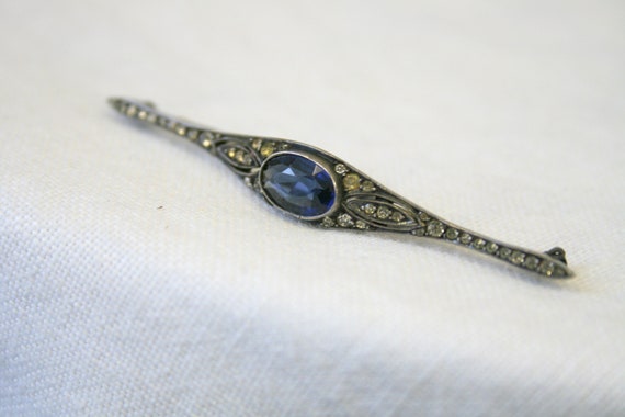 Victorian Sterling Bar Brooch with Blue Stone - image 4