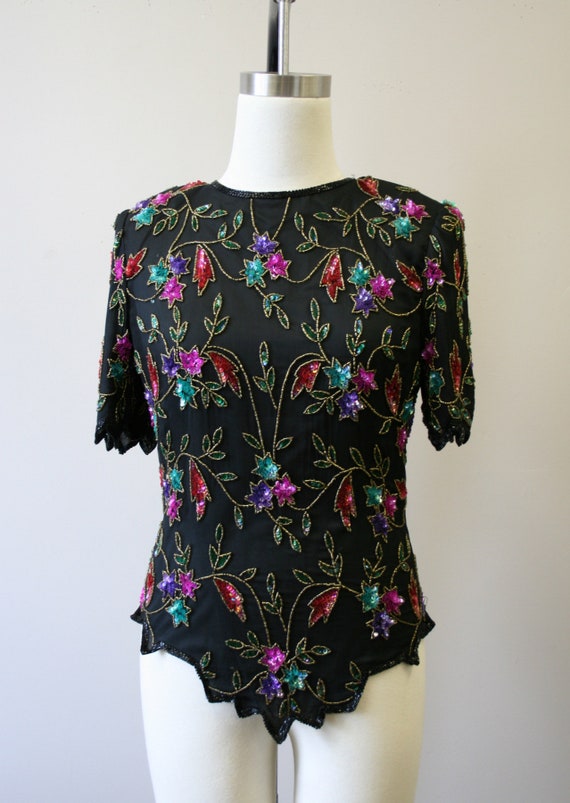 1980s Laurence Kazar Floral Sequin and Bead Blouse - image 2