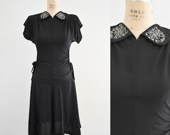 1940s Black Rayon Dress with Beaded Collar