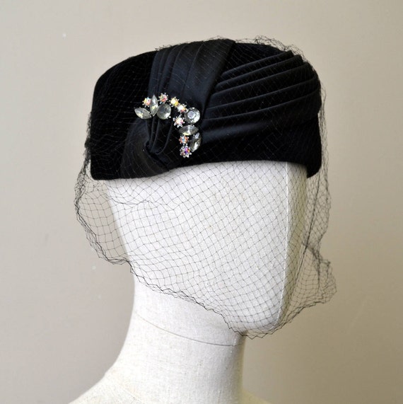 1950s Black Hat with Rhinestones - image 1