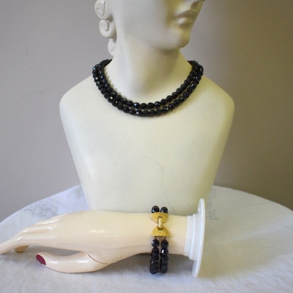 1950s Black Faceted Glass Bead Necklace and Brace… - image 1