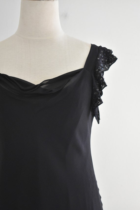 1990s Black Silk Chiffon Dress with Sequin Flutte… - image 2