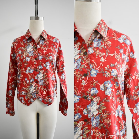 1980s Liz Claiborne Red and Blue Rose Blouse