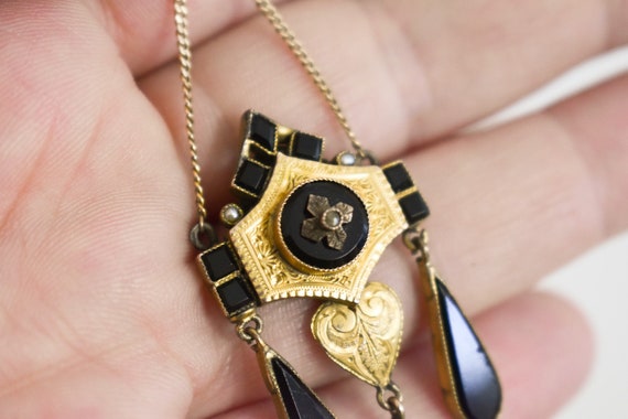 Vintage Black Glass and Gold Pendant and 14K Gold… - image 7