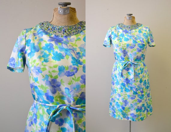 1960s Nat Kaplan Silk Floral Bejeweled Dress and T