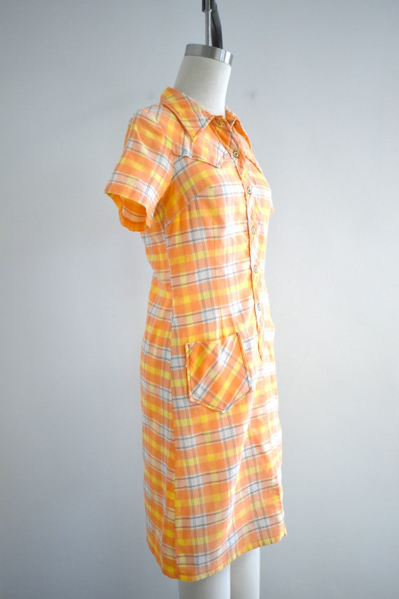 1970s Western Style Orange Plaid Shirt Dress - image 4