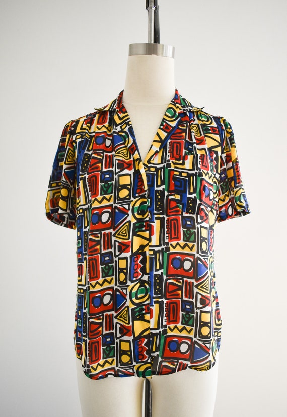 1980s Abstract Print Blouse - image 3