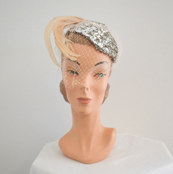 1940s/50s Silver Sequin Hat with Pink Feathers