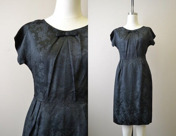 1950s Black Floral Satin Brocade Wiggle Dress