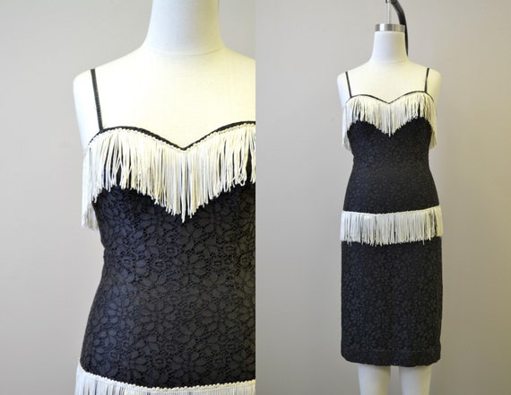 1950s Black Lace and White Fringe Cocktail Dress