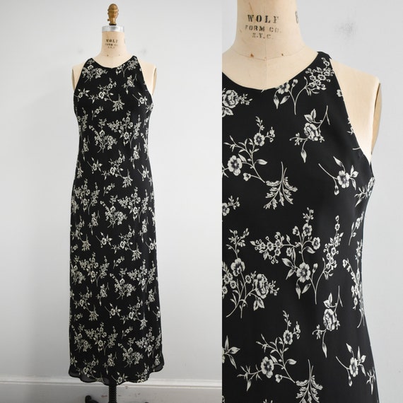 1990s Black Floral Bias Cut Maxi Dress - image 1