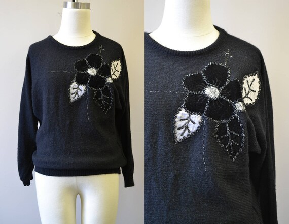 1980s Black Flower Applique Sweater