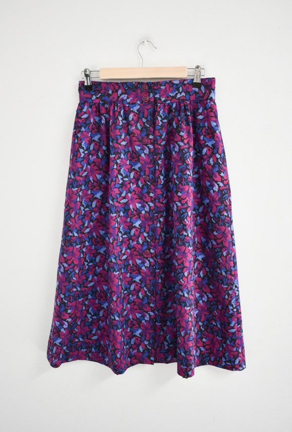 1980s Purple Printed Cotton Midi Skirt - image 2