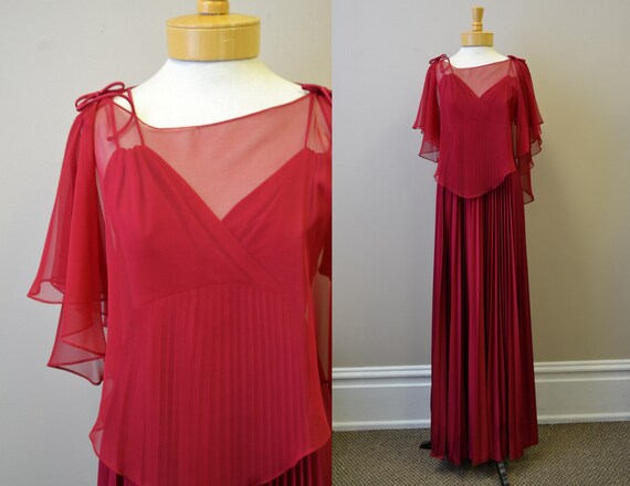 1970s NOS Cranberry Maxi Dress and Chiffon Capelet