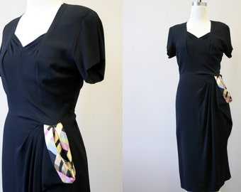 1940s Draped Hip Black Dress