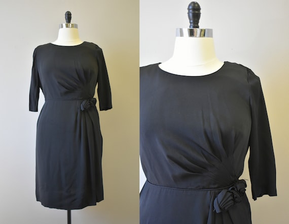 1950s Black Rayon Dress with Rosettes