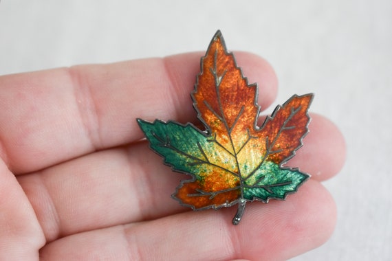 1950s Sterling and Enamel Autumn Leaf Brooch - image 3